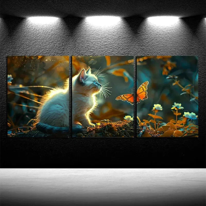 3pcs Little White Cat Is Talking to The Butterfly Metal Print Ready to Hang Art