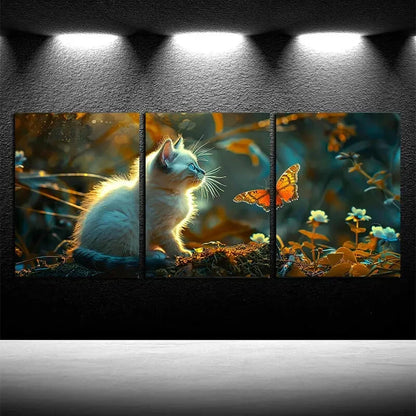 3pcs Little White Cat Is Talking to The Butterfly Metal Print Ready to Hang Art