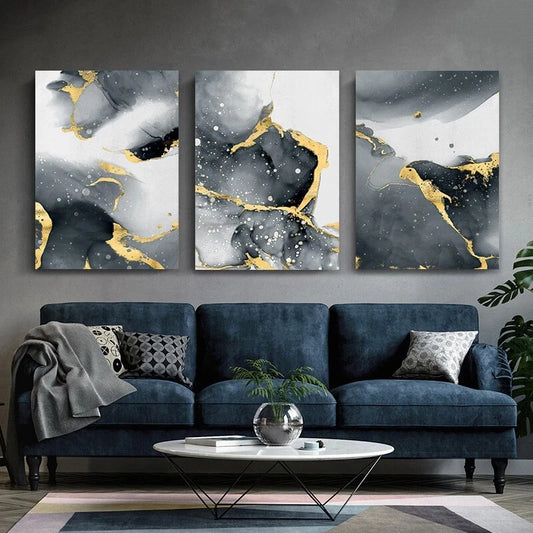 3pcs Golden Black Ink Wash Gray White Metal Print Ready to Hang Art