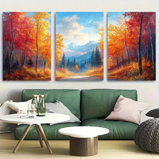 3pcs Autumn Forest Landscape with Blue Sky Metal Print Ready to Hang Art