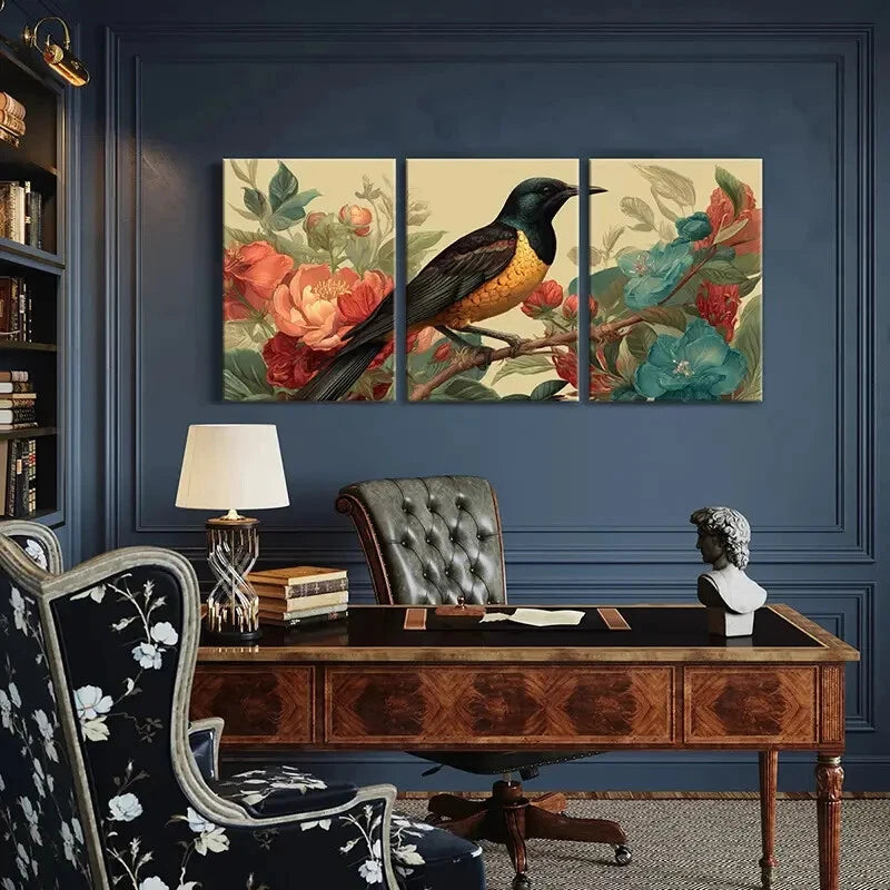 3pcs Artistic Bird Floral Surroundings Elegant Metal Print Ready to Hang Art