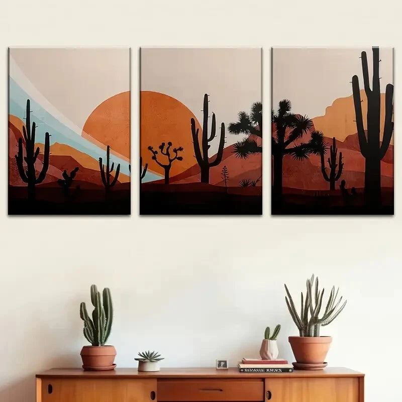3pcs Abstract Desert Cacti & Sunset Metal Print Ready to Hang Art