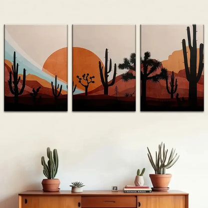3pcs Abstract Desert Cacti & Sunset Metal Print Ready to Hang Art