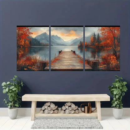 3pcs Autumn Lake Painting Vintage Landscape Metal Print Ready to Hang Art