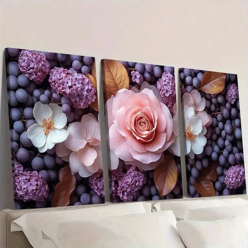 3pcs Pink Roses & White Lilacs Art g Wall Art Set Canvas Framed 50x70cm - High Quality Print 100% Australian Made Wall Canvas Ready to Hang