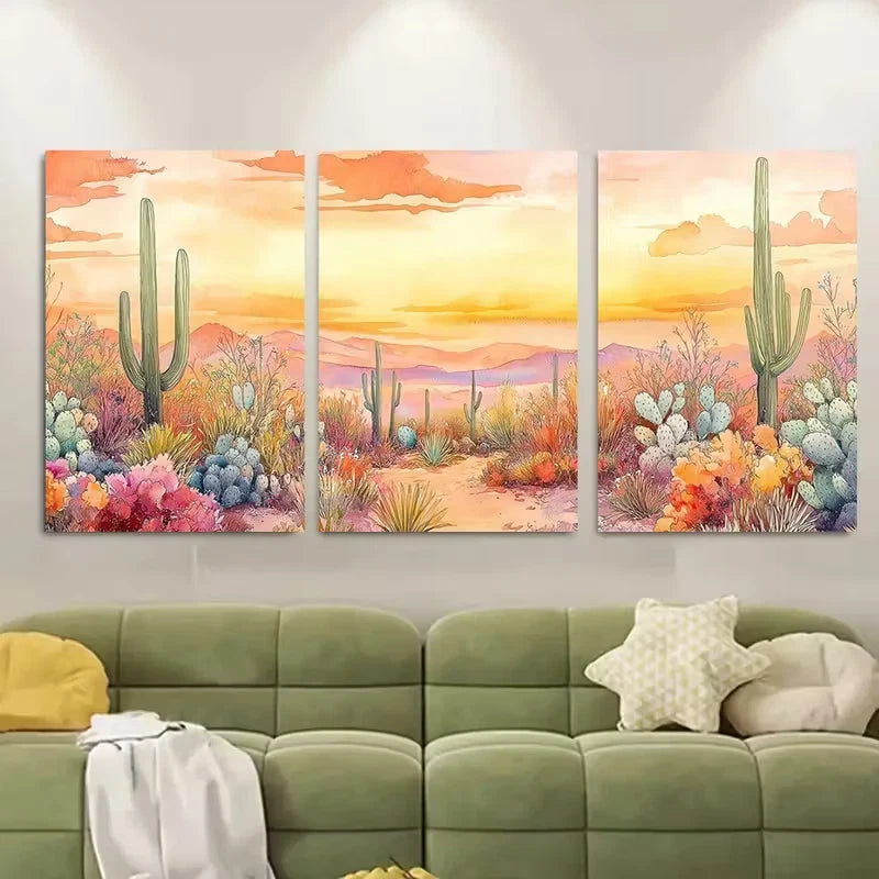 3pcs Colorful Cacti & Wildflowers Desert Sunset Metal Print Ready to Hang Art