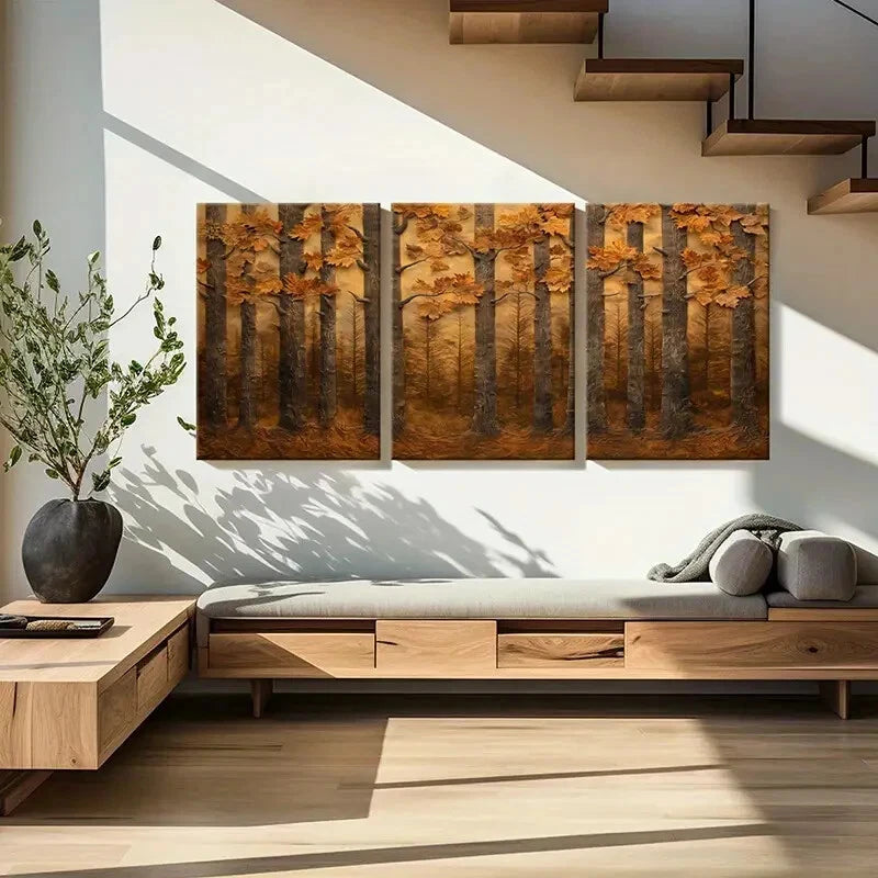 3pcs Autumn Forest Landscape Warm Tones Metal Print Ready to Hang Art
