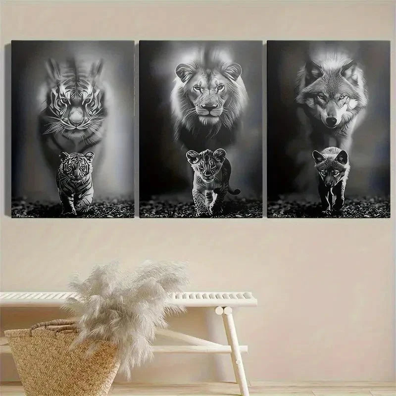 3pcs Black & White Wildlife Portraits Metal Print Ready to Hang Art