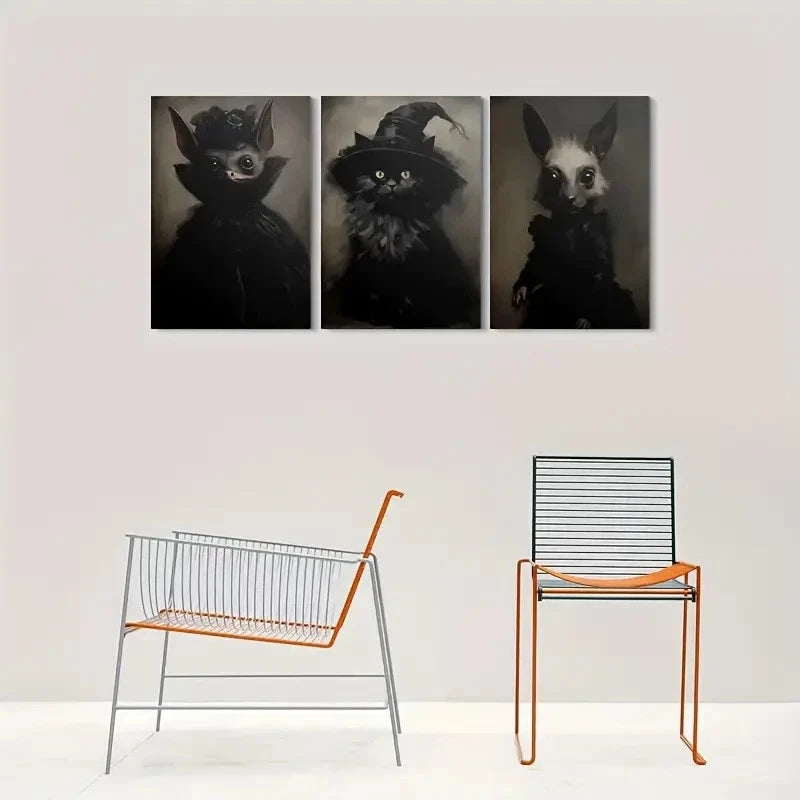 3pcs Whimsical Gothic Animal Bat Cat & Lizard Metal Print Ready to Hang Art