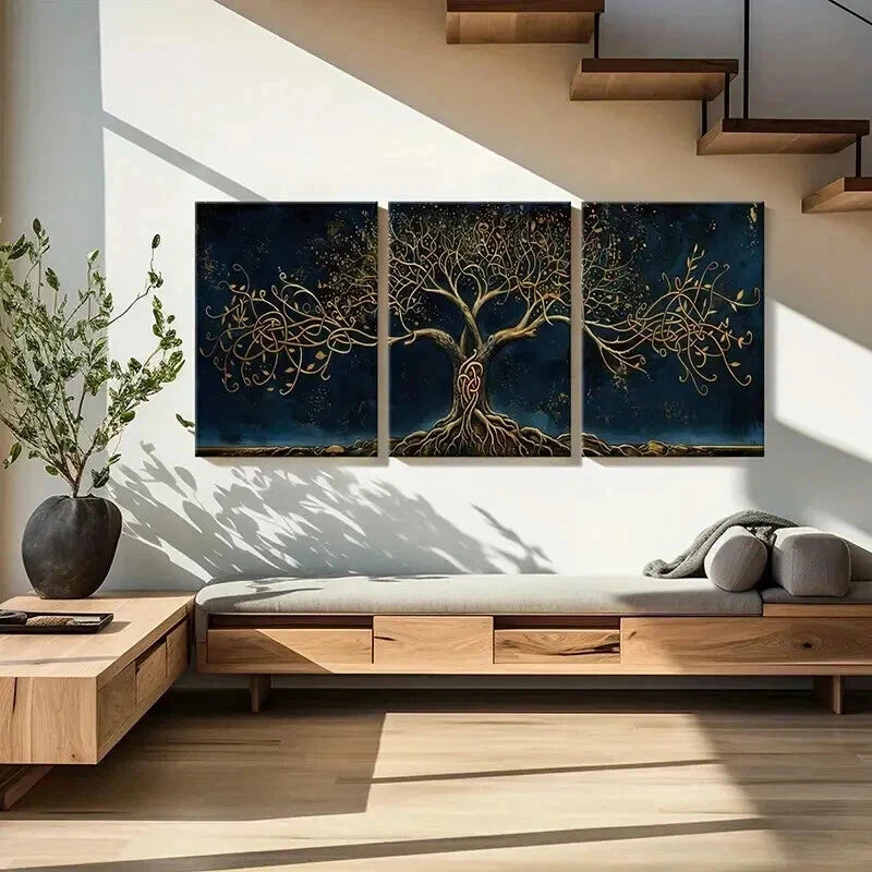 3pcs Golden Tree of Life Intricate Branch  Wall Art Set Canvas Framed 40x60cm - High Quality Print 100% Australian Made Wall Canvas Ready to Hang