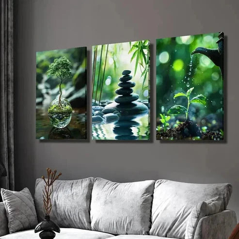 3pcs Tree Stacked Stones & Sapling Watering Wall Art Set Canvas Unframed - High Quality Print 100% Australian Made Wall Canvas
