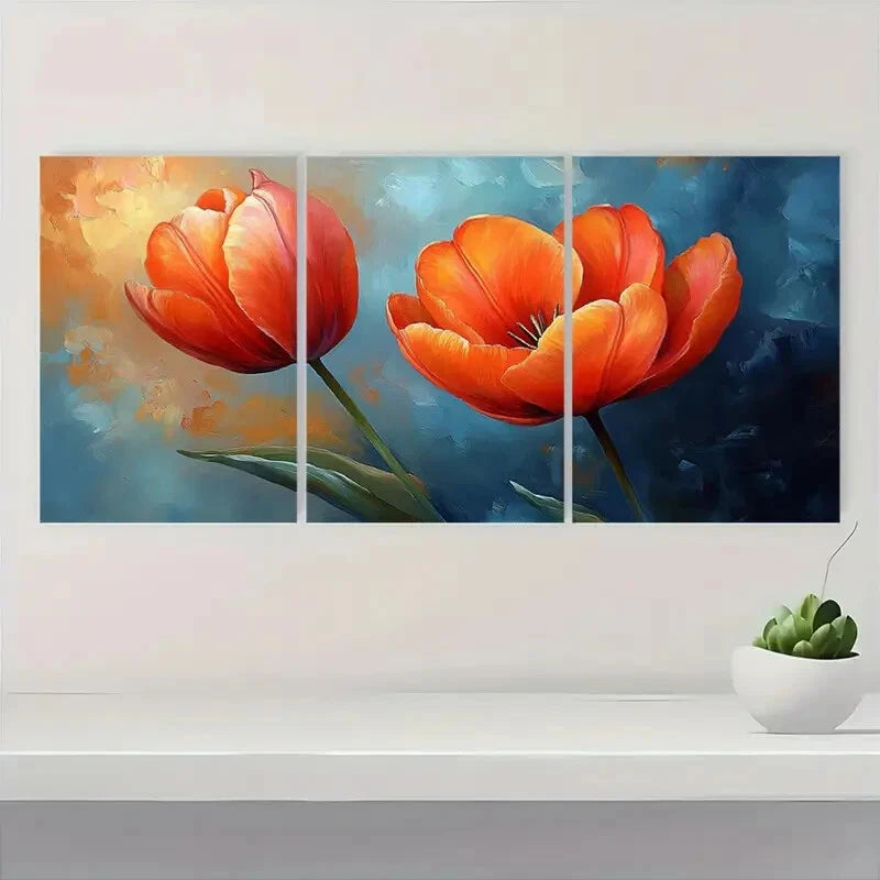 3pcs Vibrant Orange & Red Tulips with Sunset Metal Print Ready to Hang Art