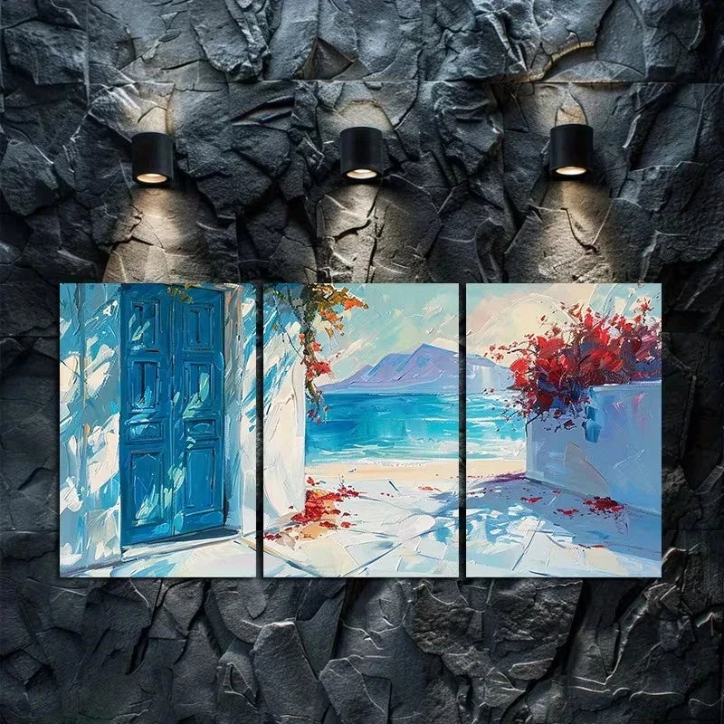 3pcs Charming Greek Beach Scene Metal Print Ready to Hang Art