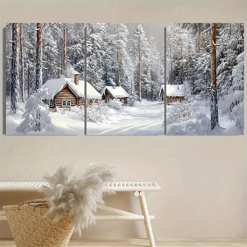 3pcs Winter Village Art Rustic Snowy Cabins Wall Art Set Canvas Unframed - High Quality Print 100% Australian Made Wall Canvas