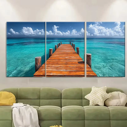3pcs Wooden Pier with Exotic Turquoise Metal Print Ready to Hang Art