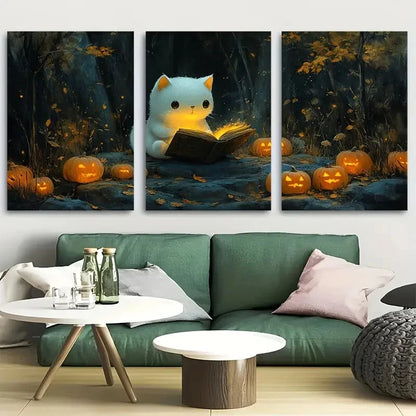 3pcs Cute Cat Reading Pennant Fantasy Vibes Metal Print Ready to Hang Art