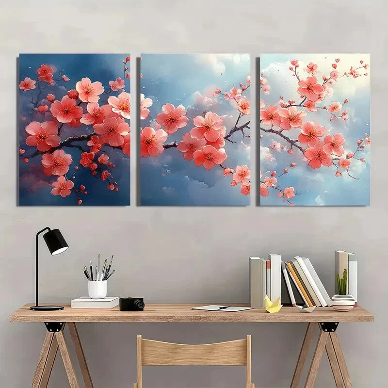 3pcs Pink Flowers & Blooming Tree Design Metal Print Ready to Hang Art