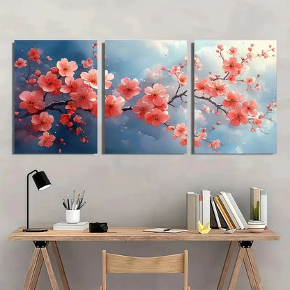3pcs Pink Flowers & Blooming Tree Design Metal Print Ready to Hang Art