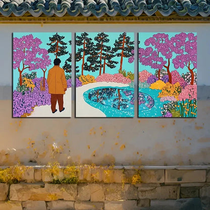 3pcs Enchanting Forest Man Walking Scene Metal Print Ready to Hang Art