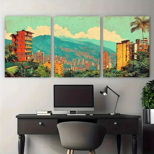 3pcs Vintage Medellin Colombia Perfect  Wall Art Set Canvas Framed 60x90cm - High Quality Print 100% Australian Made Wall Canvas Ready to Hang