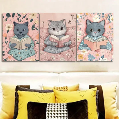 3pcs Cat reads Wall Art Set Canvas Unframed - High Quality Print 100% Australian Made Wall Canvas - Bella Home Decor