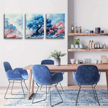 3pcs Traditional Chinese Landscape Blue And Pink Metal Print Ready to Hang Art