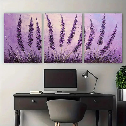 3pcs Lavender Flower Purple Floral Perfect Wall Art Set Canvas Framed 40x60cm - High Quality Print 100% Australian Made Wall Canvas Ready to Hang