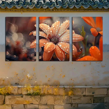 3pcs Charming Blooming Flowers with Water Droplets Metal Print Ready to Hang Art