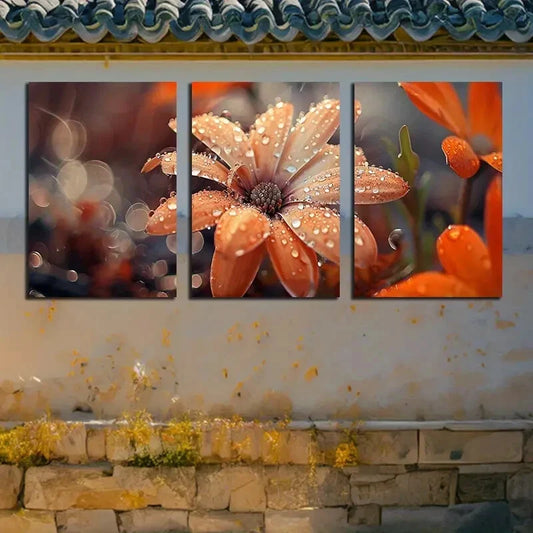 3pcs Charming Blooming Flowers with Water Droplets Metal Print Ready to Hang Art