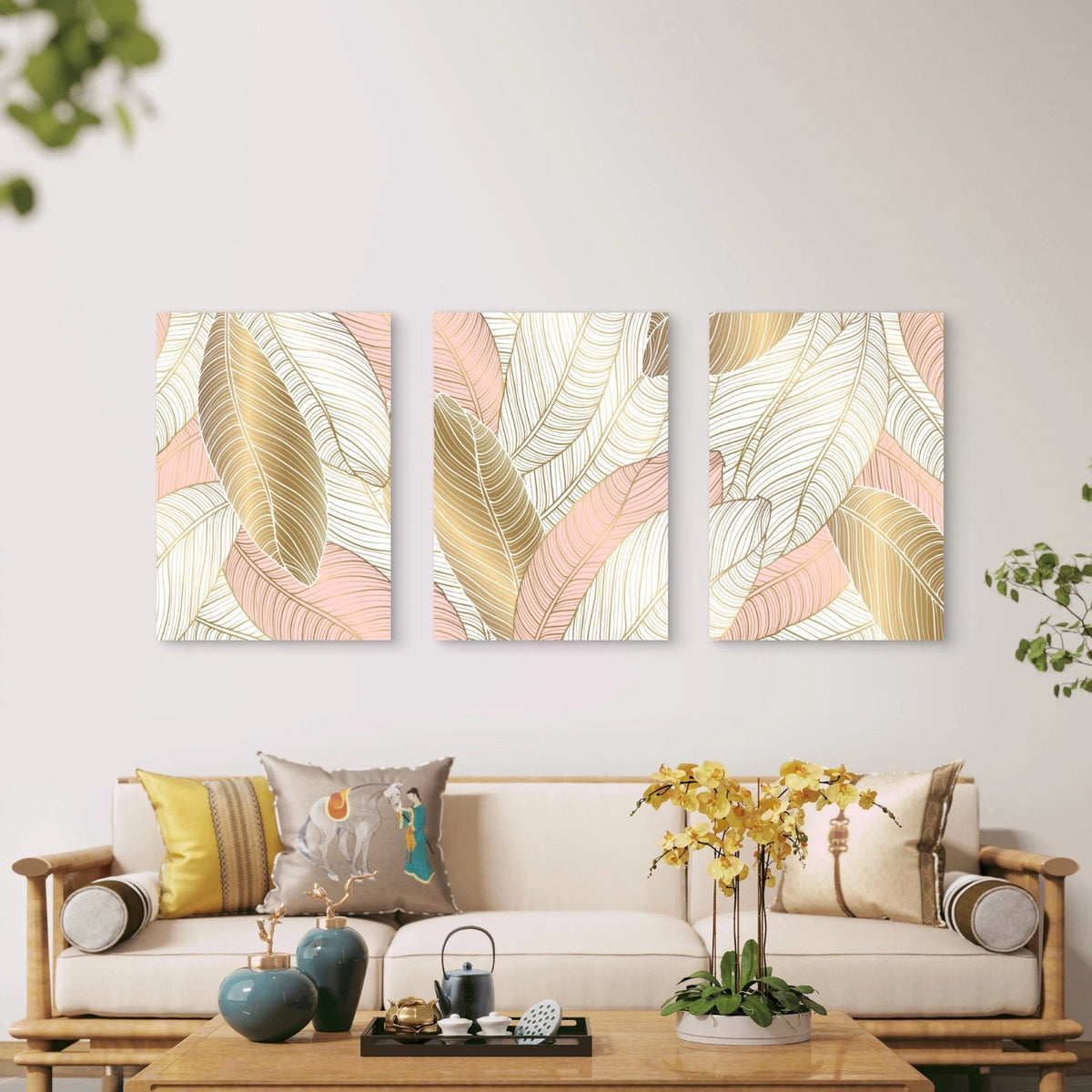 3pcs Gilded Banana Leaves Reflect Soft Light Wall Art Set Canvas Framed 60x90cm - High Quality Print 100% Australian Made Wall Canvas Ready to Hang