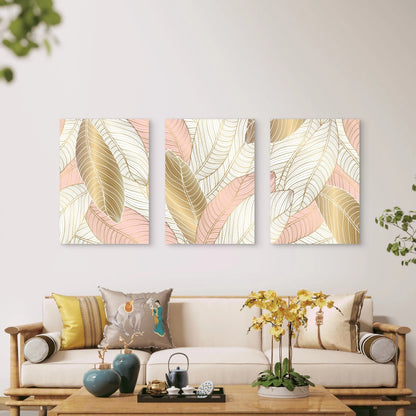3pcs Gilded Banana Leaves Reflect Soft Light Wall Art Set Canvas Framed 60x90cm - High Quality Print 100% Australian Made Wall Canvas Ready to Hang