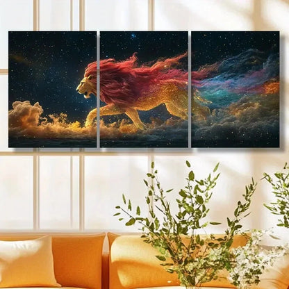 3pcs Vibrant Lion with Colorful Mane & Wings Metal Print Ready to Hang Art