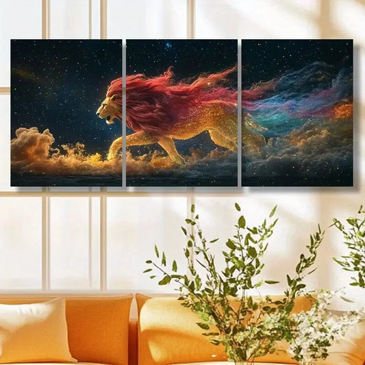 3pcs Vibrant Lion with Colorful Mane & Wings Metal Print Ready to Hang Art