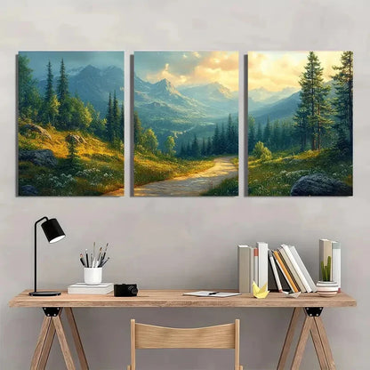 3pcs Forest Landscape with Mountain Path Metal Print Ready to Hang Art