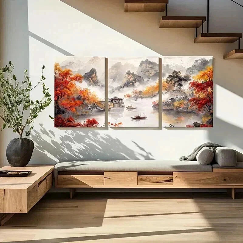 3pcs Chinese Autumn Mountain & River Scene Metal Print Ready to Hang Art