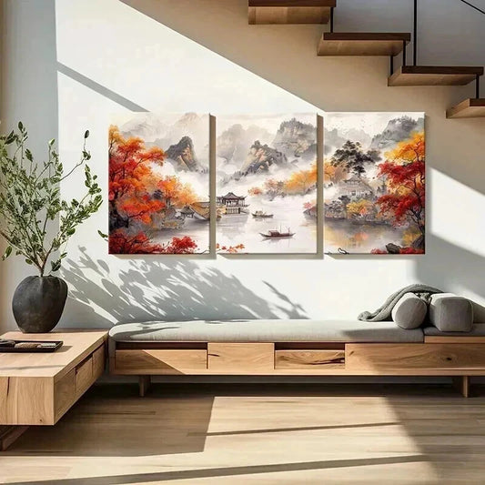 3pcs Chinese Autumn Mountain & River Scene Metal Print Ready to Hang Art