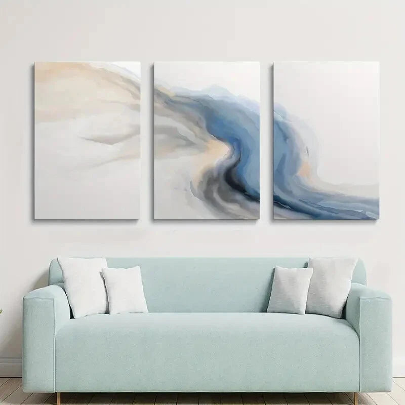 3pcs Bohemian Style Abstract Blue & Gray Metal Print Ready to Hang Art