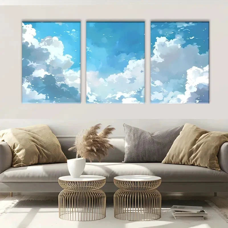 3pcs Painting Blue Sky & White Clouds Metal Print Ready to Hang Art