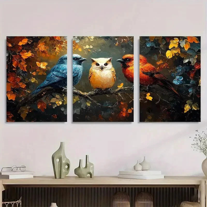 3pcs Vibrant Owl Fox & Crow Oil Painting Metal Print Ready to Hang Art