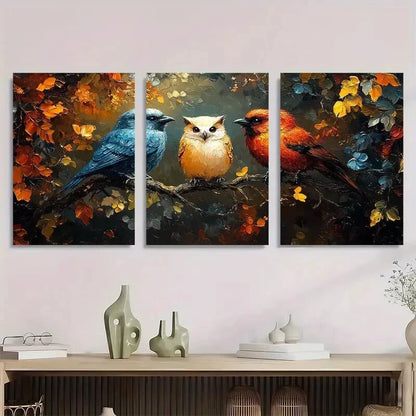 3pcs Vibrant Owl Fox & Crow Oil Painting Metal Print Ready to Hang Art