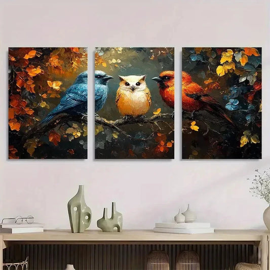 3pcs Vibrant Owl Fox & Crow Oil Painting Metal Print Ready to Hang Art