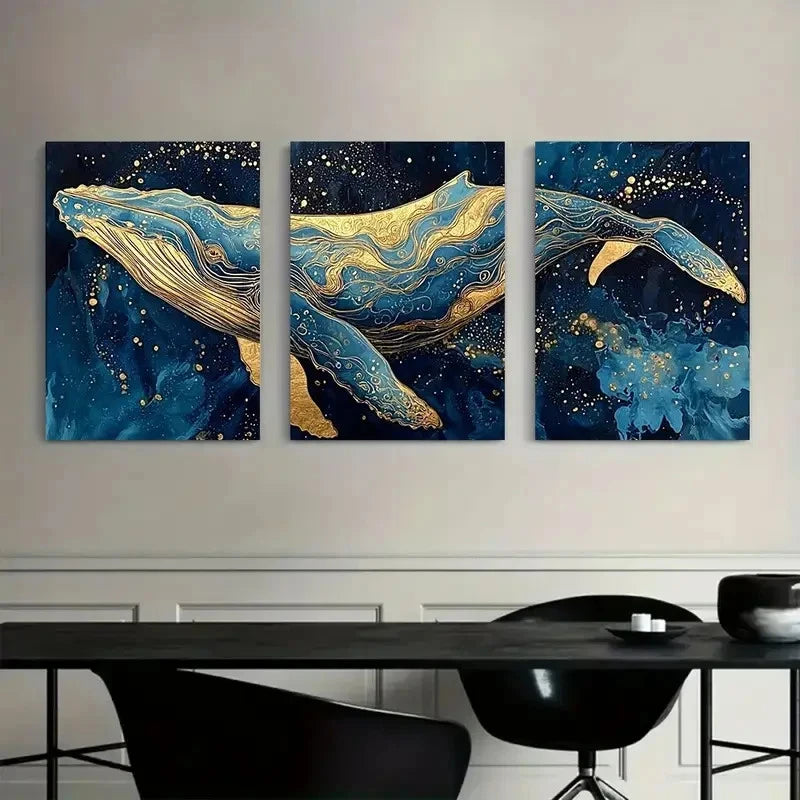 3pcs Abstract Humpback Whale Painting Metal Print Ready to Hang Art