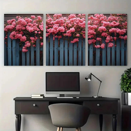 3pcs Pink Floral Growing Around Fencing Metal Print Ready to Hang Art