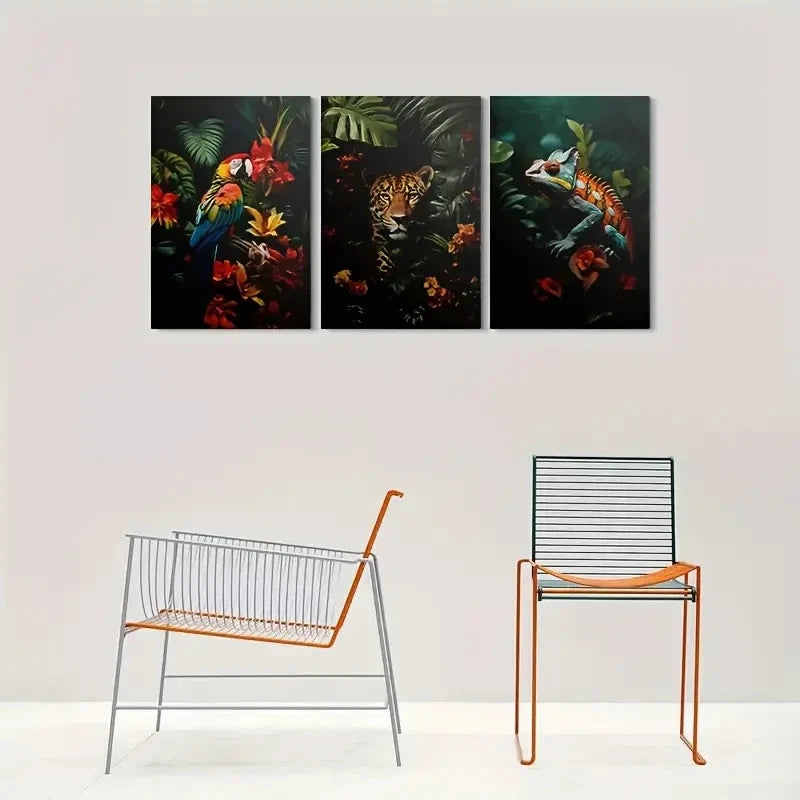 3pcs Parrot Jaguar and Chameleon Metal Print Ready to Hang Art