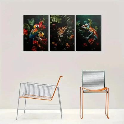 3pcs Parrot Jaguar and Chameleon Metal Print Ready to Hang Art