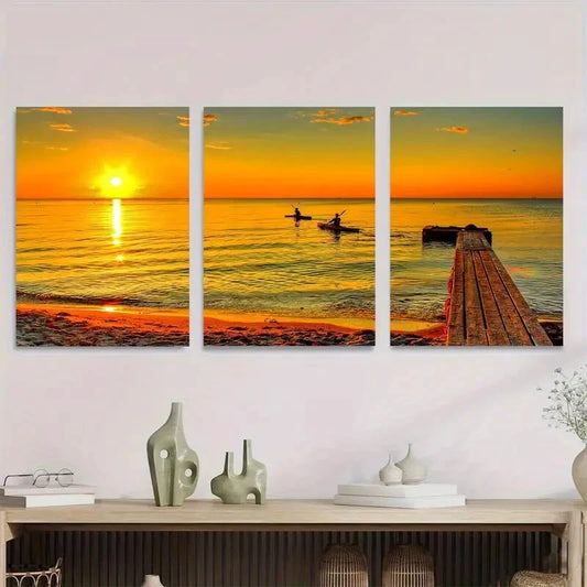 3pcs Vibrant Ocean View with Fishing Boats Metal Print Ready to Hang Art