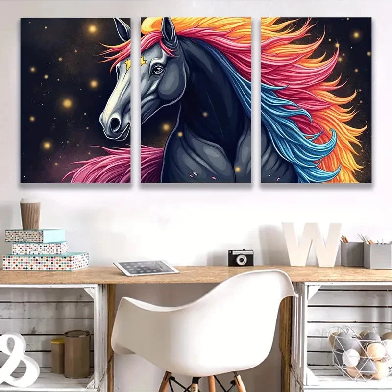 3pcs Colorful Dark Horse Prints Night BackWall Art Set Canvas Framed 50x70cm - High Quality Print 100% Australian Made Wall Canvas Ready to Hang