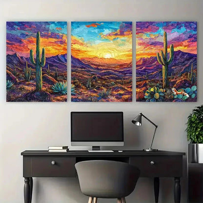 3pcs Colorful Abstract Succulent Sunset Mountain Metal Print Ready to Hang Art