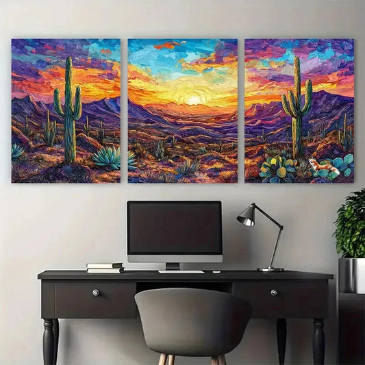 3pcs Colorful Abstract Succulent Sunset Mountain Metal Print Ready to Hang Art