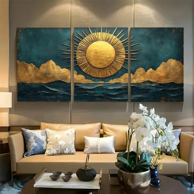 3pcs Golden Sunburst with Teal and Gold Design Metal Print Ready to Hang Art
